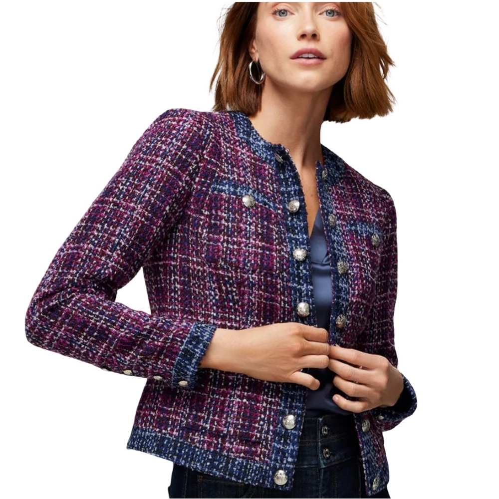 White House Black Market Wine & Navy Blue Tweed Military Jacket Size 2 - Picture 3 of 11